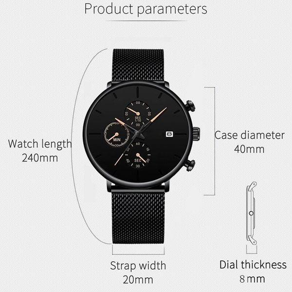 Reloj Hombre Mens Fashion Watches Classic Stainless Steel Mesh Belt Calendar Quartz Watch for Man Big Dial Chronograph Business Clock Montre Homme