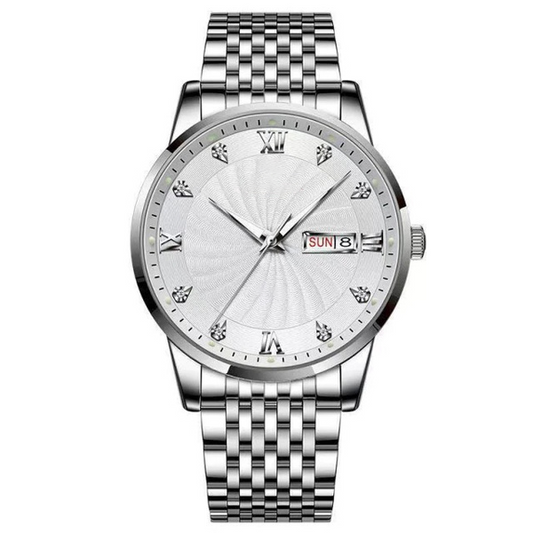 Men's Fashion Quartz Watches Ultra Thin Stainless Steel Men s Watch Luxury Men Diamond Calendar Watch Waterproof Luminous Wrist Watch White