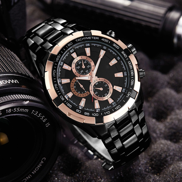 Mens Watches Quartz Waterproof Stainless Steel Men Wristwatch Rose gold & Black